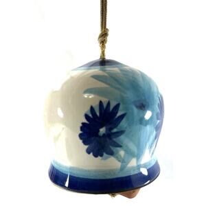 Pacific Stoneware Bell 1973 Hand Painted Blue Floral Ceramic Hanging USA 4”